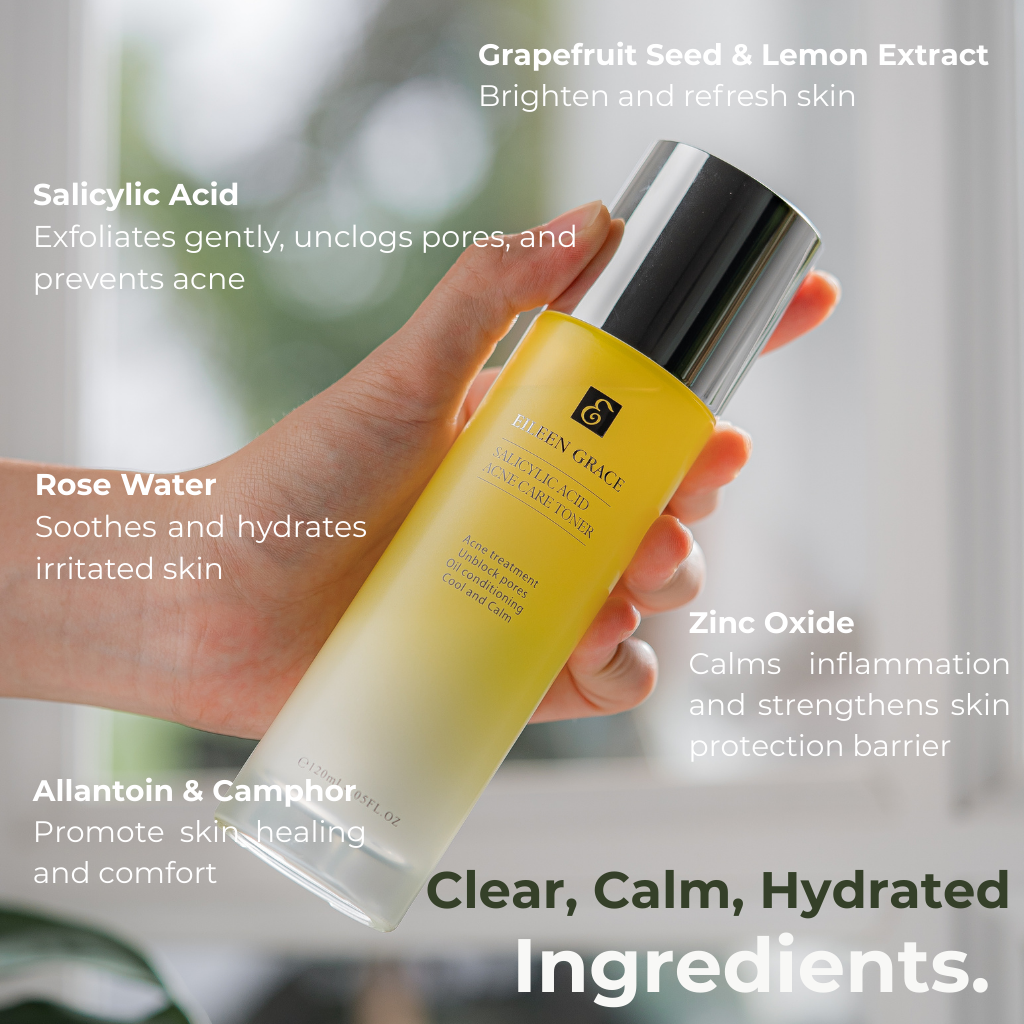 Hand holding Eileen Grace Salicylic Acid Acne Care Toner 120ml with key ingredients salicylic acid, rose water, allantoin, camphor, grapefruit seed extract and zinc oxide