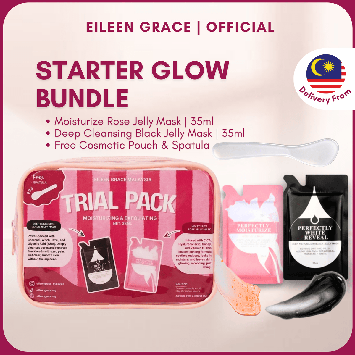 Eileen Grace Starter Glow Bundle | Rose & Black Jelly Mask Trial Pack 35ml + Pouch & Spatula - Eileen Grace Malaysia | Viral Jelly Mask & Acne Skincare