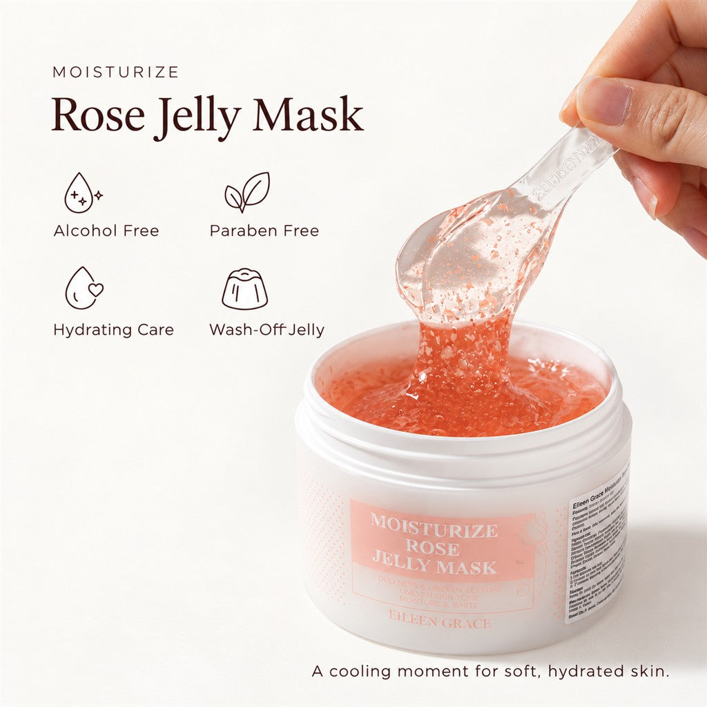 Eileen Grace Rose Jelly Mask jar with spatula of rose petal jelly, alcohol-free and paraben-free hydrating formula