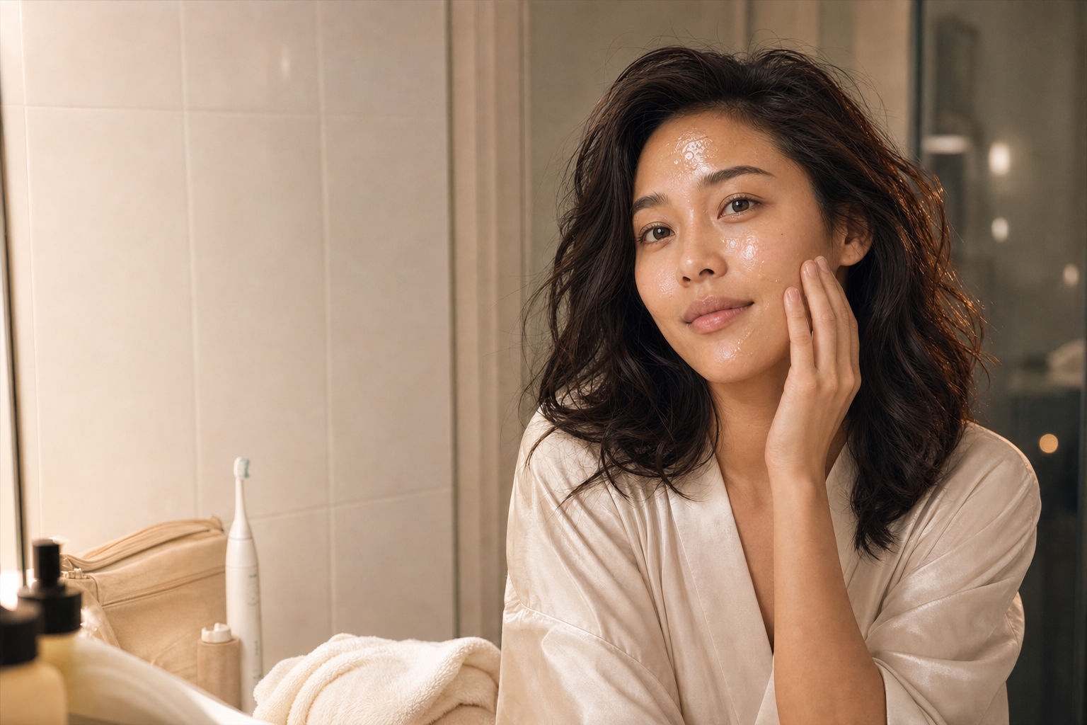 A woman applying the Eileen Grace Rose Jelly Mask as part of her evening skincare routine