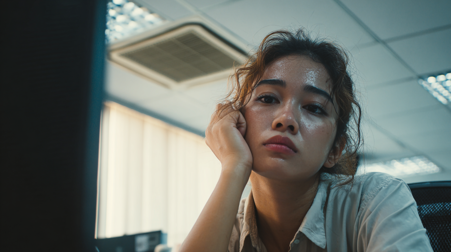 Tired Malaysian woman with shiny oily T-zone in a cold air-conditioned office, dehydrated skin not oily