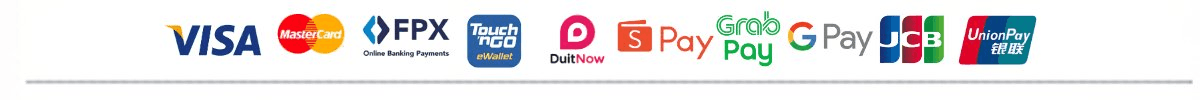 Secure payment methods accepted at Eileen Grace Malaysia including Visa Mastercard FPX JCB UnionPay Touch n Go DuitNow ShopeePay GrabPay Google Pay DBS PayNow SPayLater and PayLater by Grab