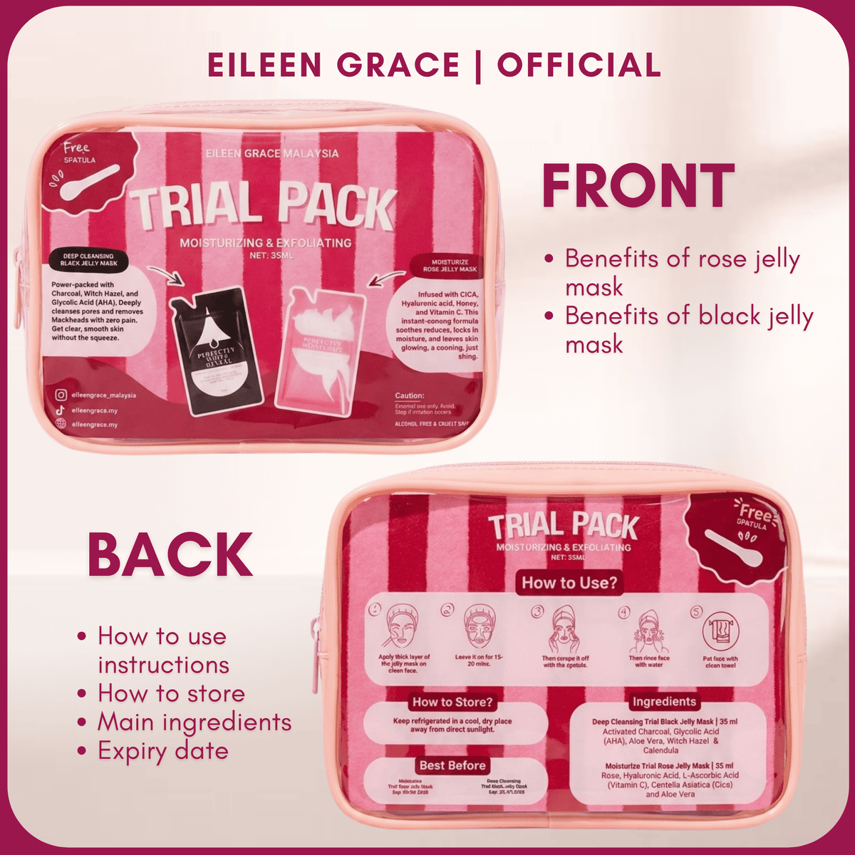 Eileen Grace Starter Glow Bundle | Rose & Black Jelly Mask Trial Pack 35ml + Pouch & Spatula - Eileen Grace Malaysia | Viral Jelly Mask & Acne Skincare