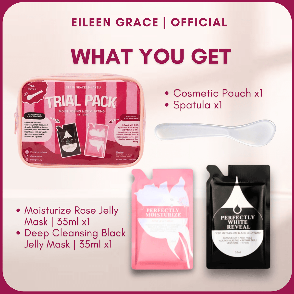 Eileen Grace Starter Glow Bundle | Rose & Black Jelly Mask Trial Pack 35ml + Pouch & Spatula - Eileen Grace Malaysia | Viral Jelly Mask & Acne Skincare