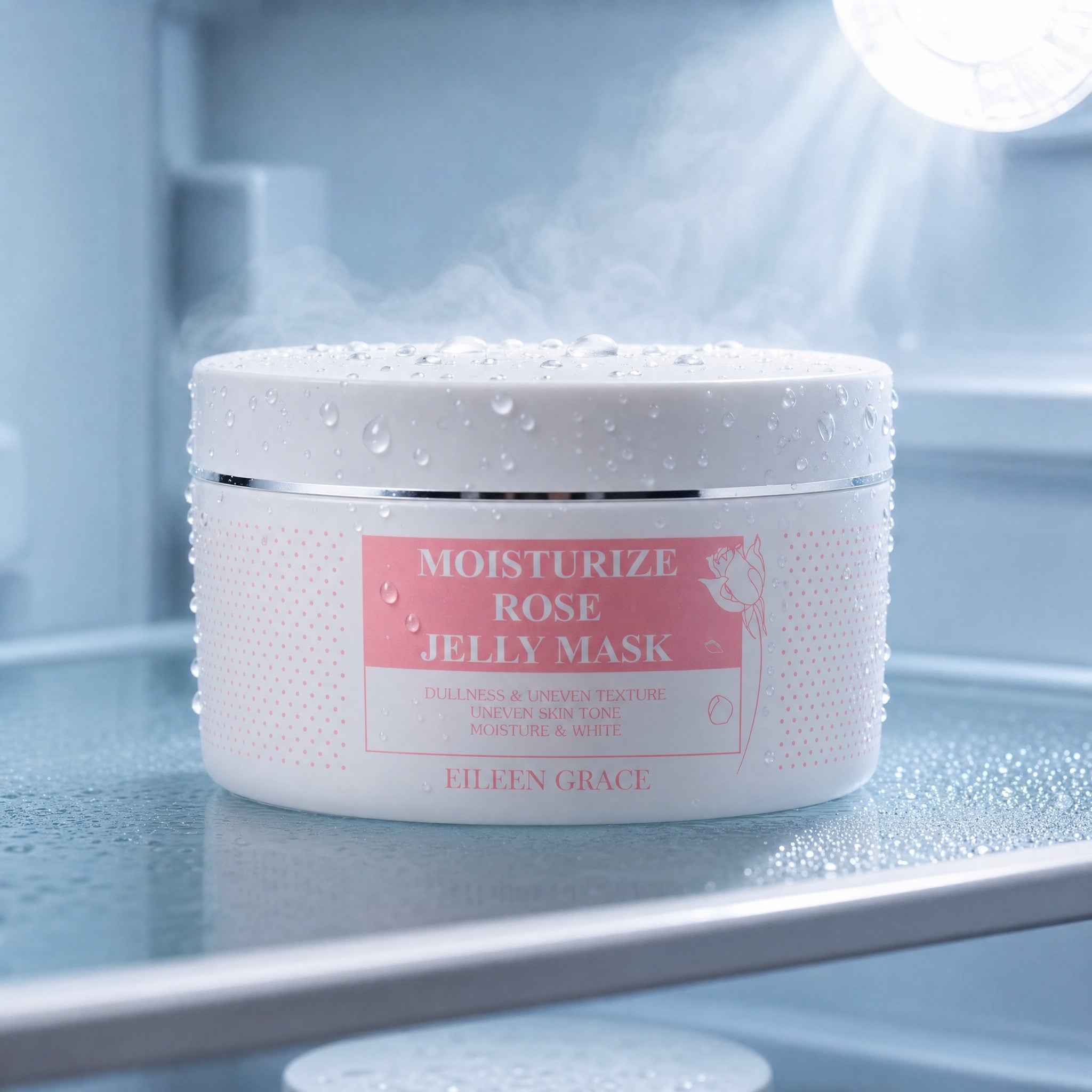 Eileen Grace Moisturize Rose Jelly Mask 300ml chilled in the fridge with condensation, stored cold for a cooling 15-minute wash-off mask